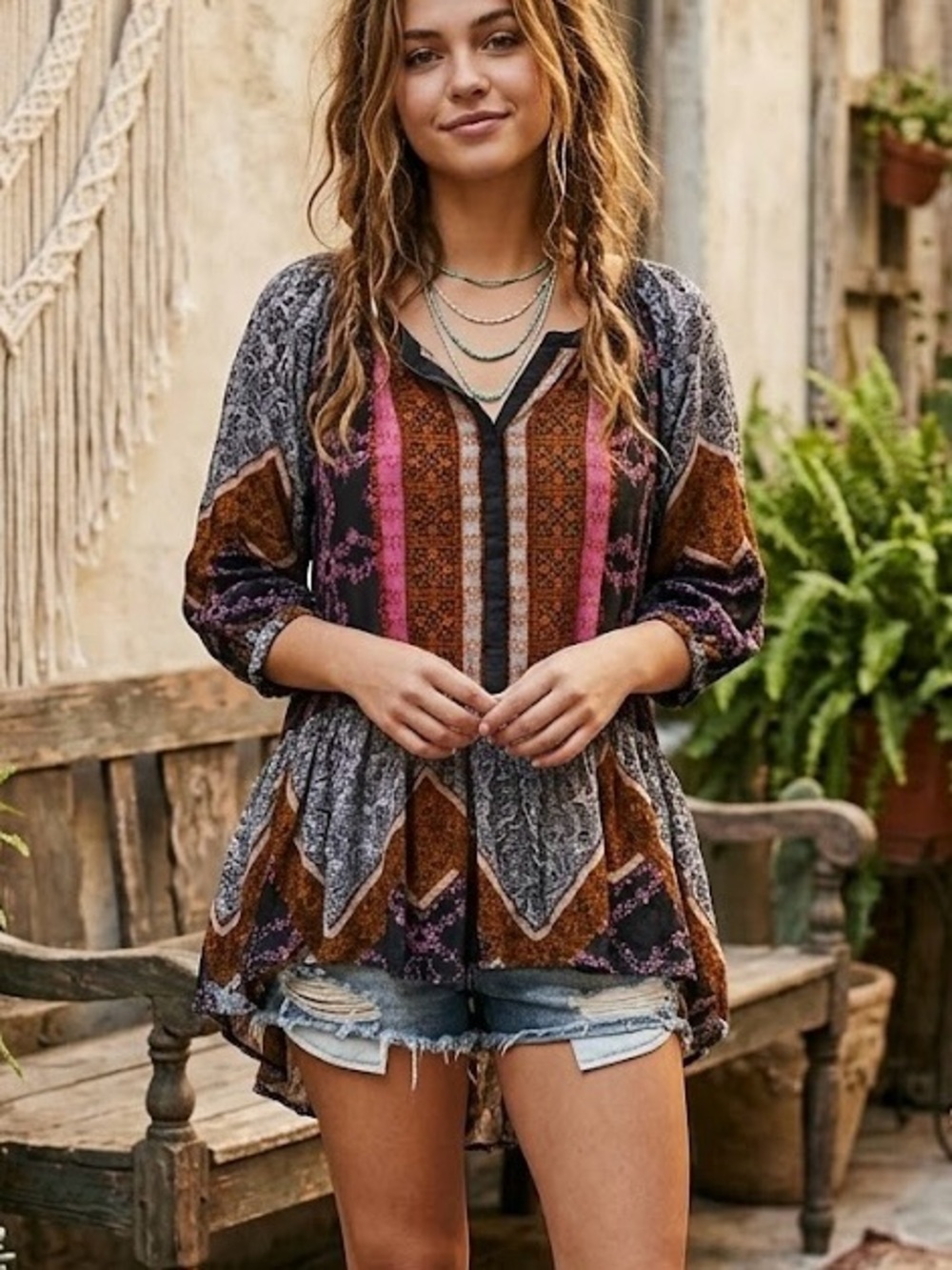 Free People Mixed Print Babydoll Tunic Top Boho Whimsical XS Peplum Hippie Indie